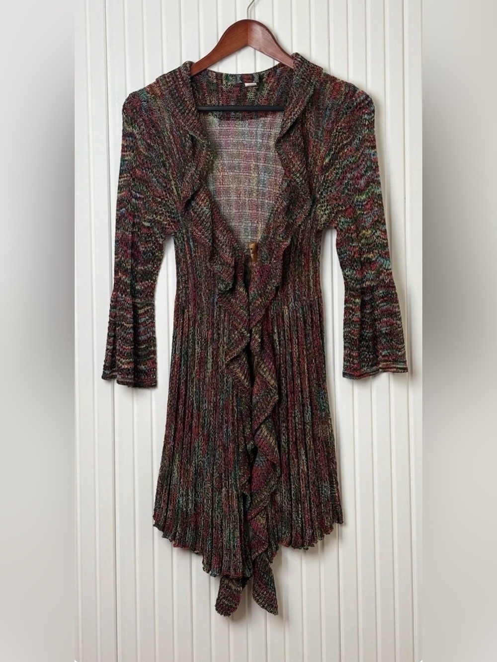 Vintage Y2K Crochet Knit Cardigan Ruffle XS/S Multicolor Whimsigoth Flare Sleeve